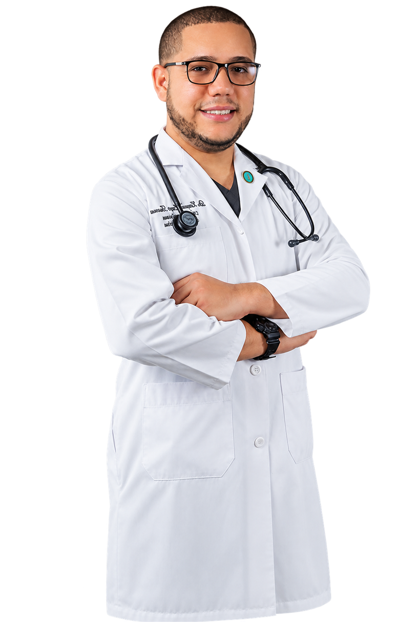 El Dr. Ezequiel Lugo, médico internista e intensivista, con bata blanca y estetoscopio